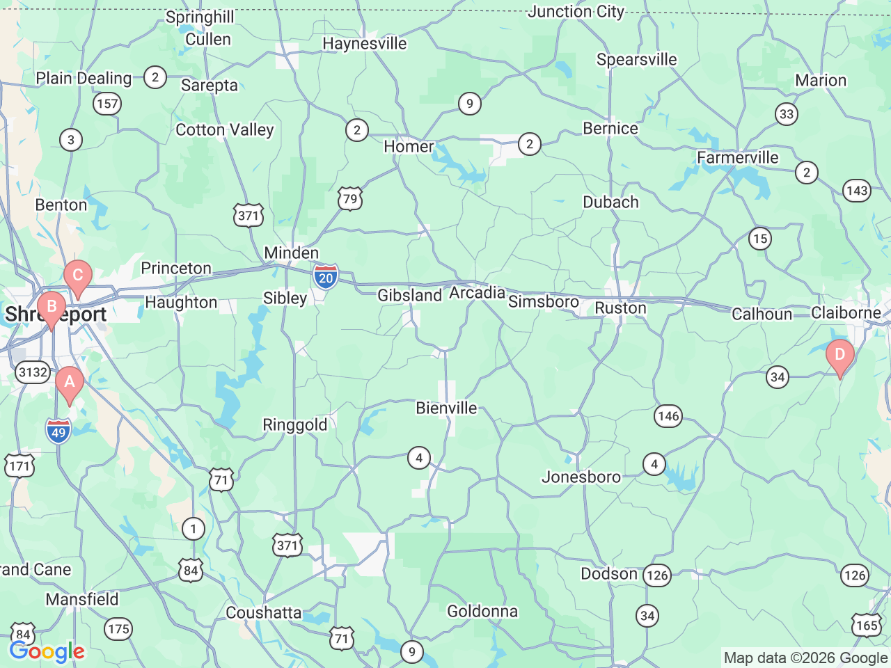 Map of Ochsner-affiliated facilities that provide services related to North Louisiana