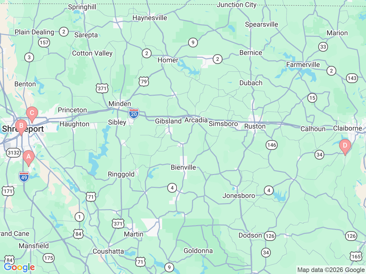 Map of Ochsner-affiliated facilities that provide services related to North Louisiana