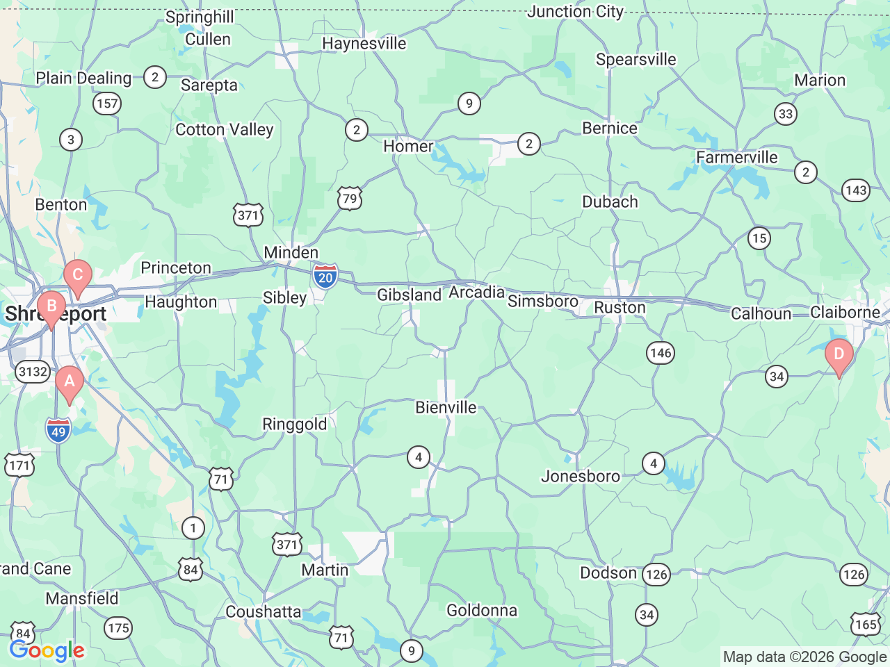 Map of Ochsner-affiliated facilities that provide services related to North Louisiana