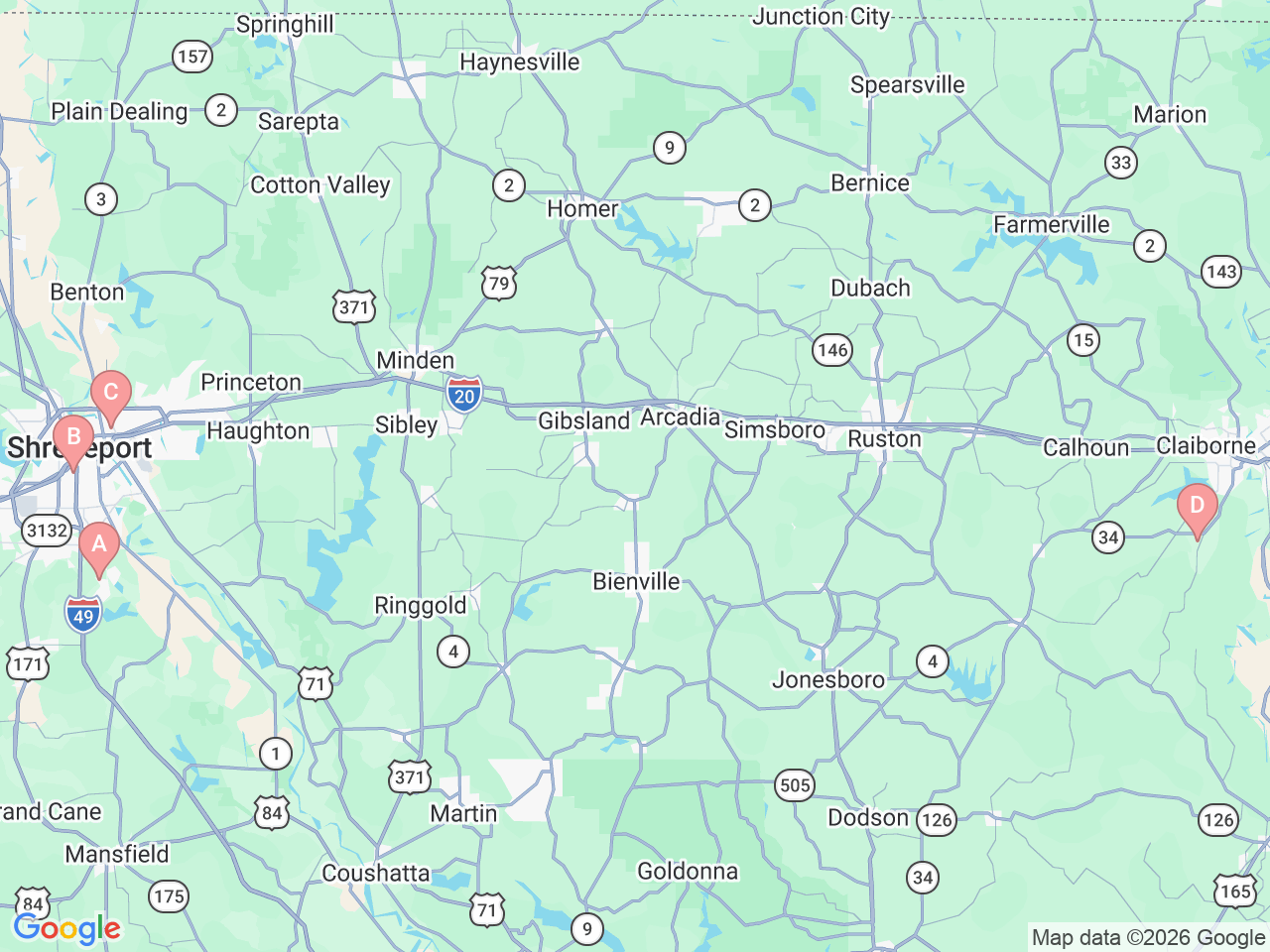Map of Ochsner-affiliated facilities that provide services related to North Louisiana