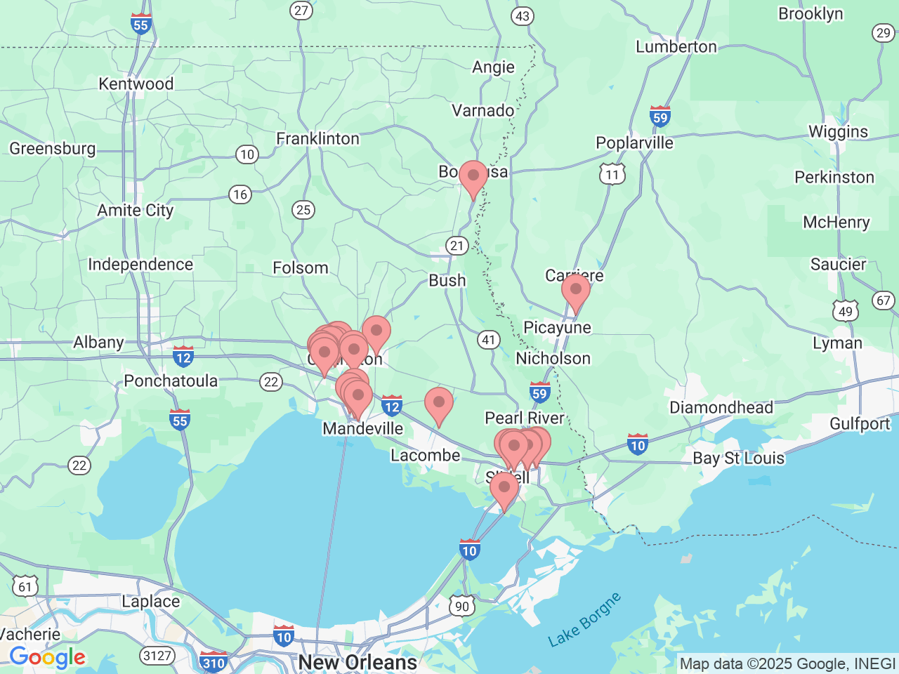 Map of Ochsner-affiliated facilities that provide services related to Northshore