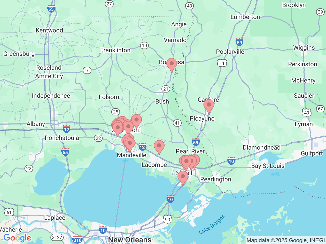 Map of Ochsner-affiliated facilities that provide services related to Northshore