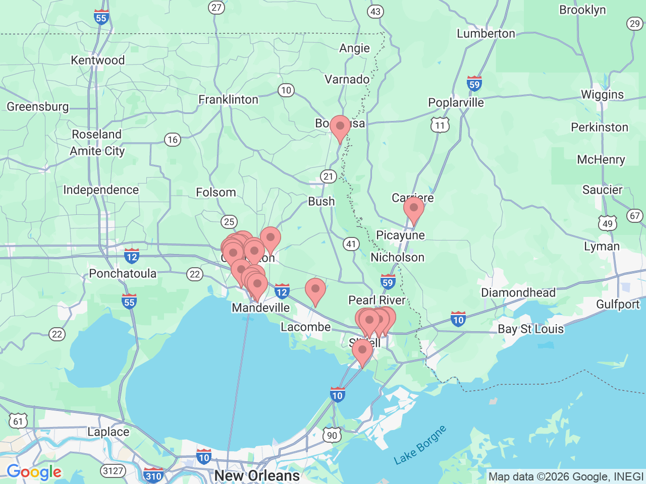 Map of Ochsner-affiliated facilities that provide services related to Northshore