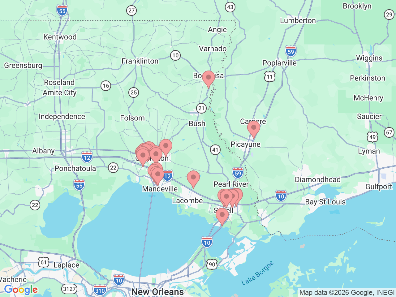 Map of Ochsner-affiliated facilities that provide services related to Northshore