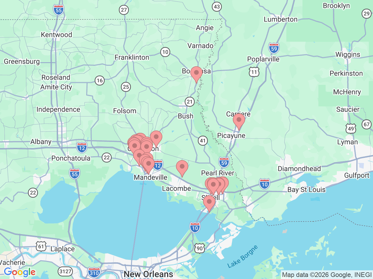 Map of Ochsner-affiliated facilities that provide services related to Northshore