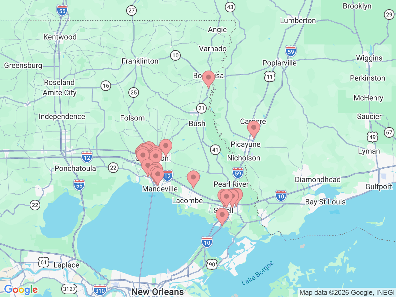 Map of Ochsner-affiliated facilities that provide services related to Northshore