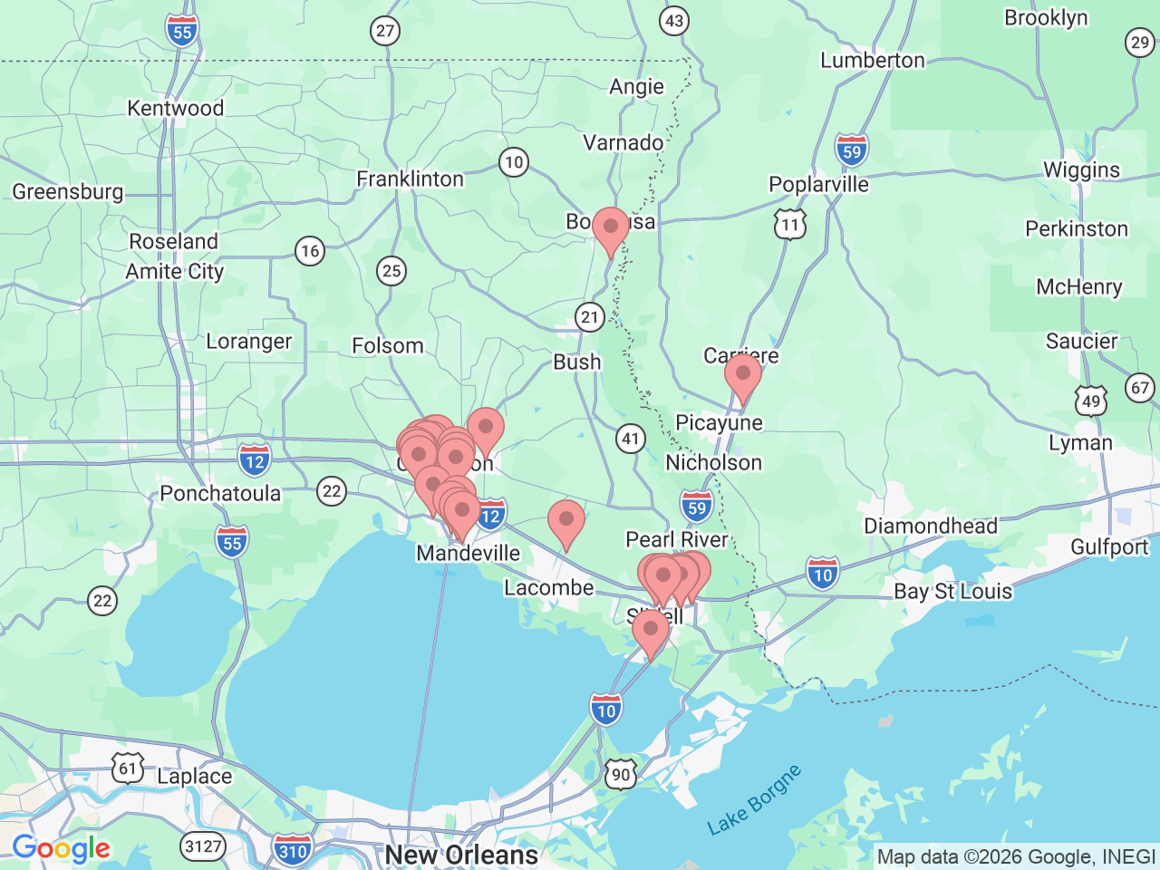 Map of Ochsner-affiliated facilities that provide services related to Northshore