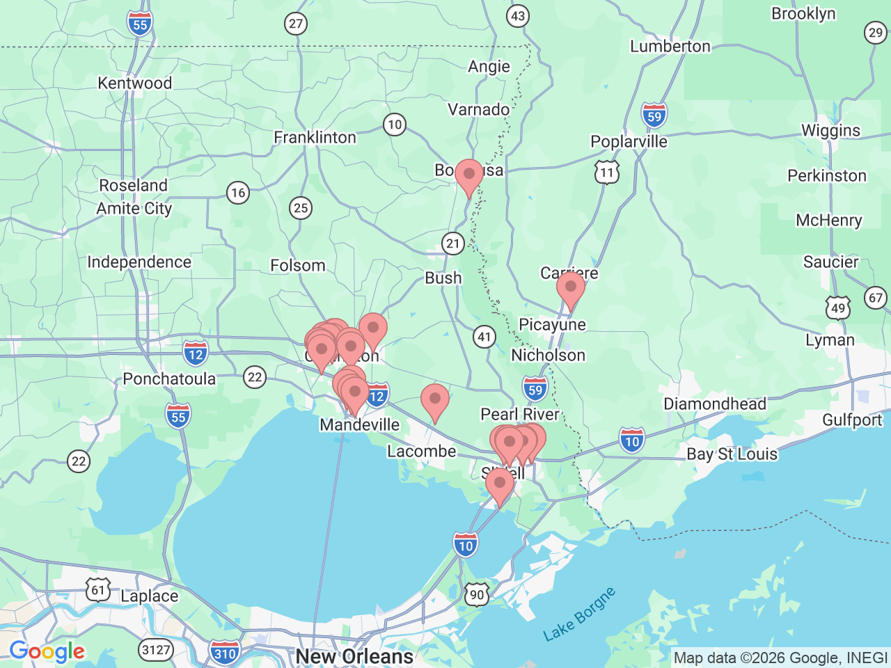 Map of Ochsner-affiliated facilities that provide services related to Northshore