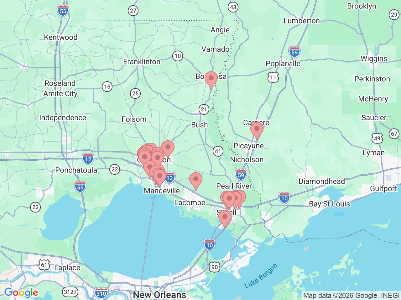 Map of Ochsner-affiliated facilities that provide services related to Northshore