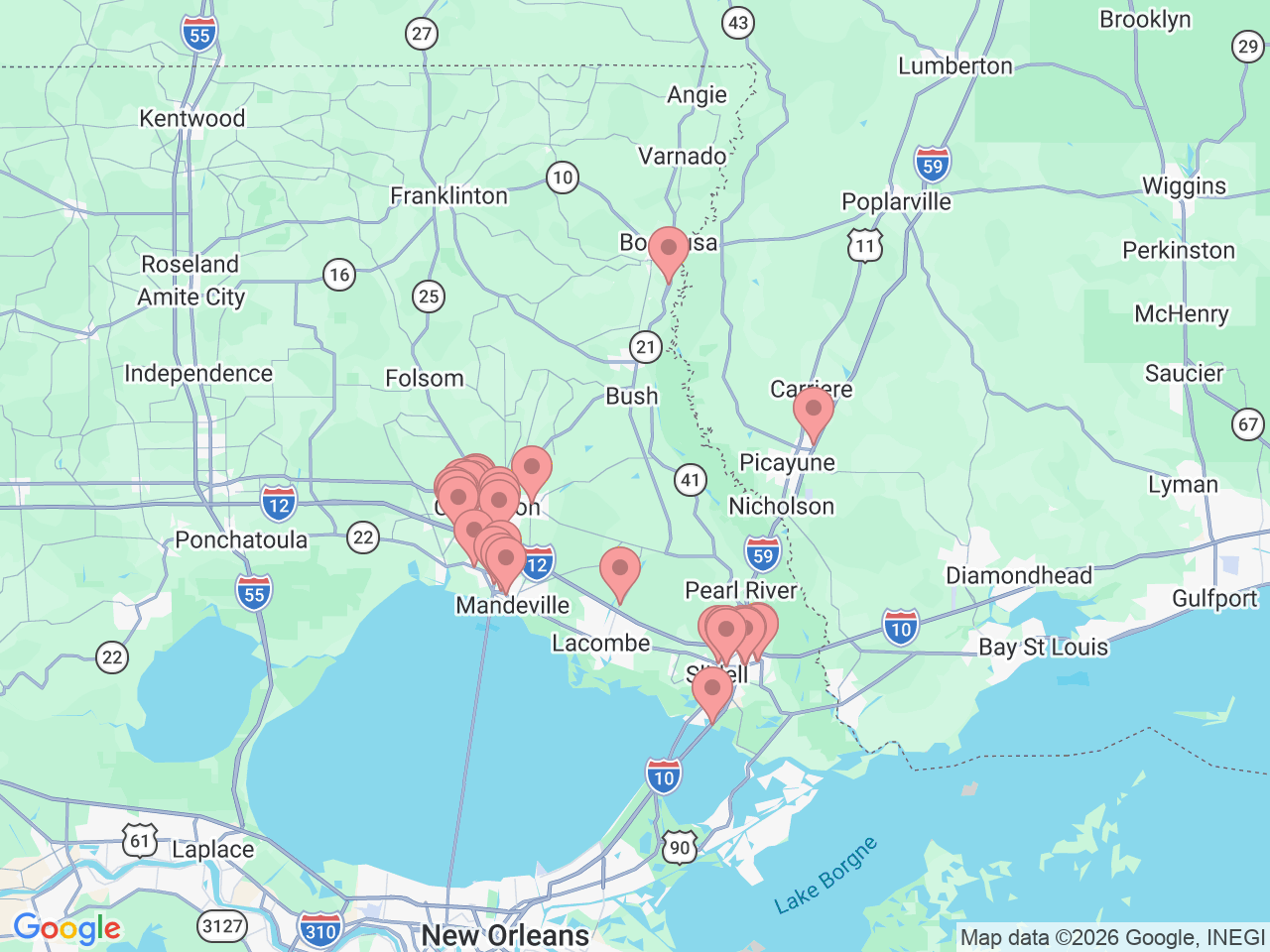 Map of Ochsner-affiliated facilities that provide services related to Northshore