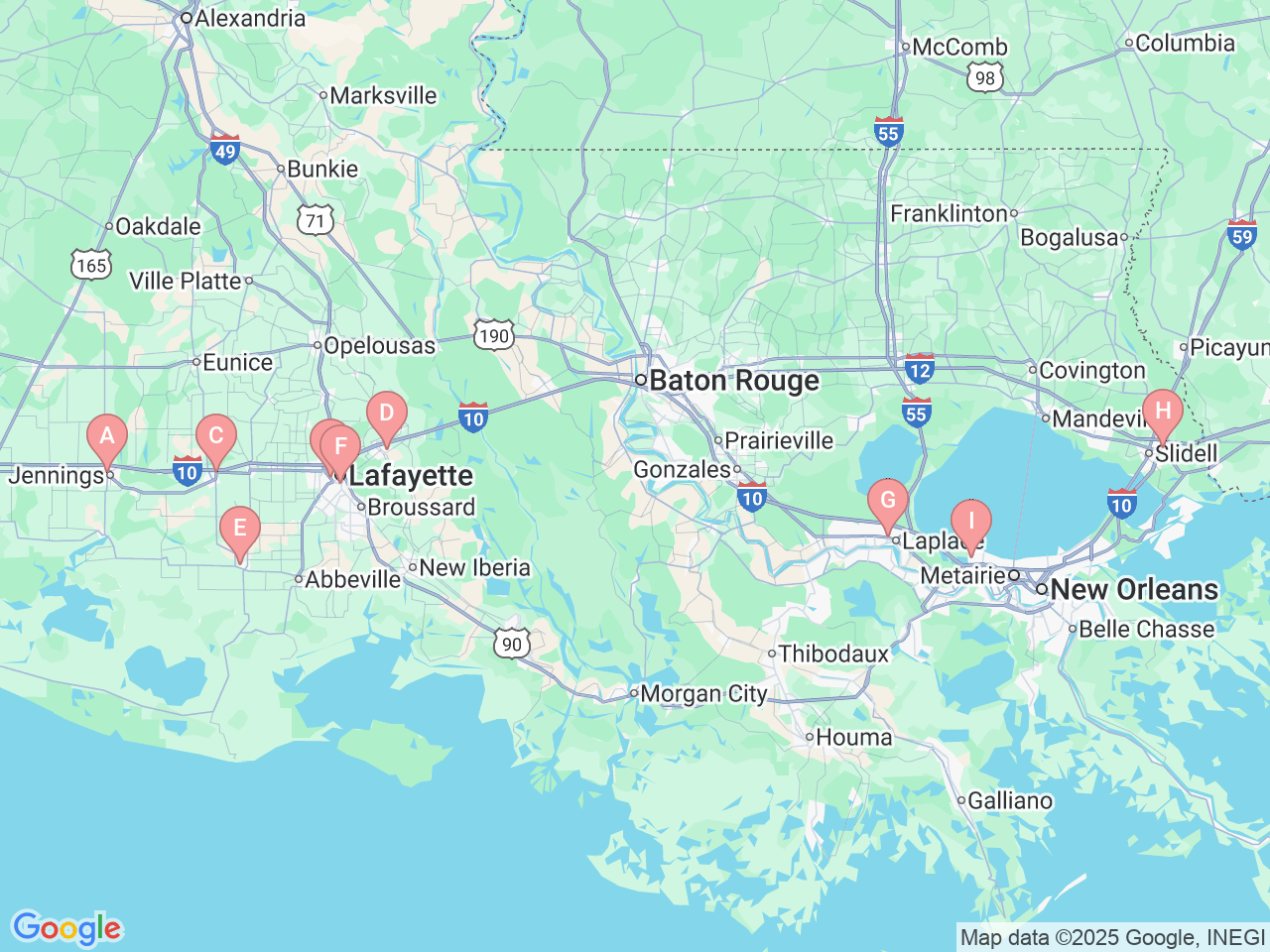 Map of Ochsner-affiliated facilities that provide services related to Nuclear Medicine