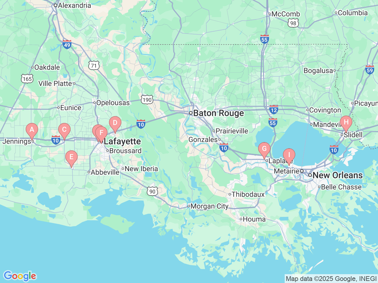 Map of Ochsner-affiliated facilities that provide services related to Nuclear Medicine