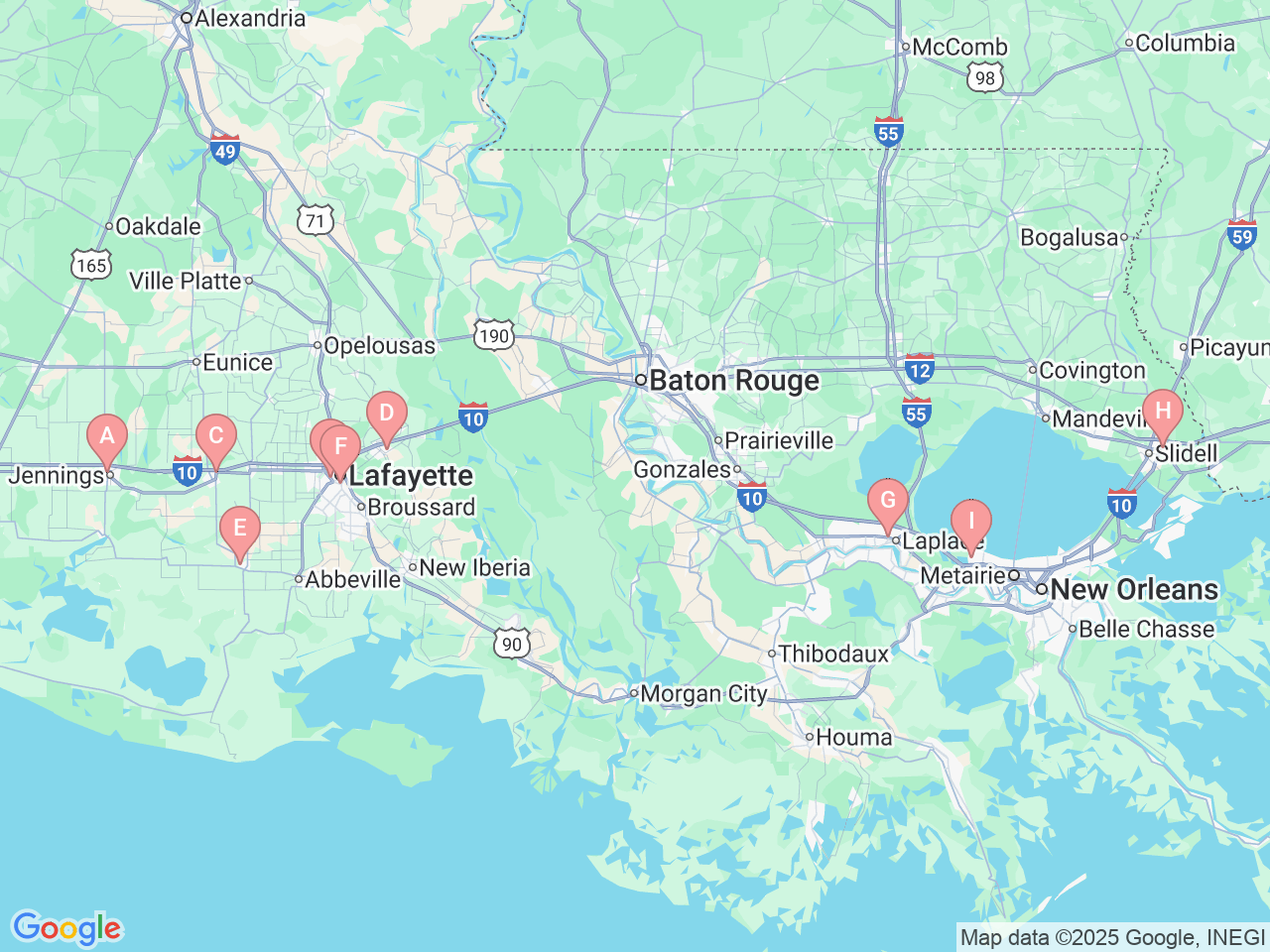 Map of Ochsner-affiliated facilities that provide services related to Nuclear Medicine