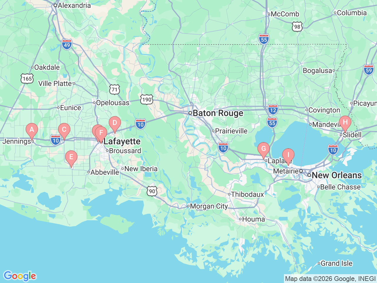 Map of Ochsner-affiliated facilities that provide services related to Nuclear Medicine