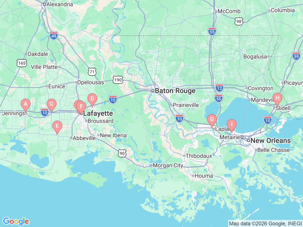 Map of Ochsner-affiliated facilities that provide services related to Nuclear Medicine