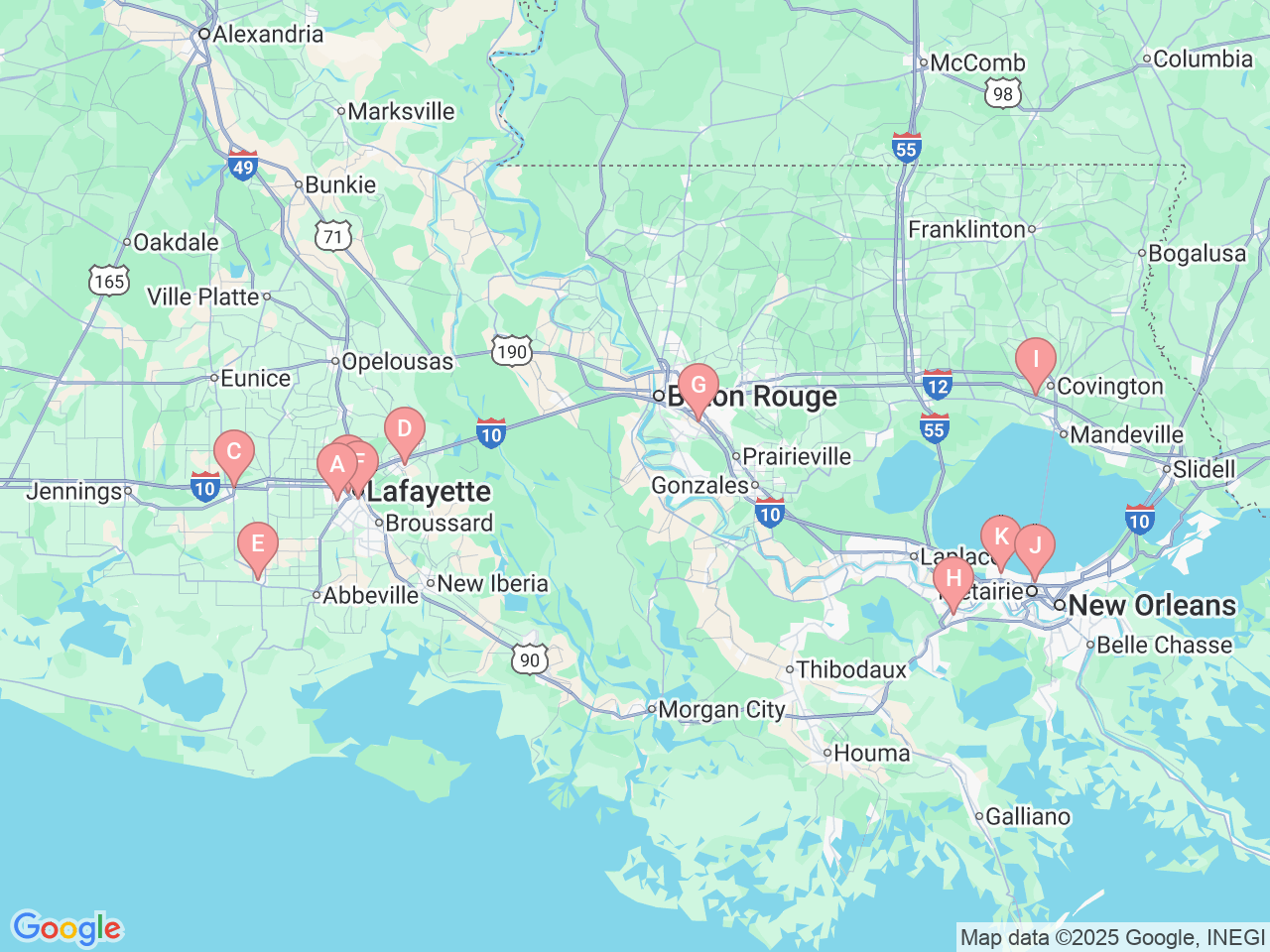 Map of Ochsner-affiliated facilities that provide services related to Nutrition
