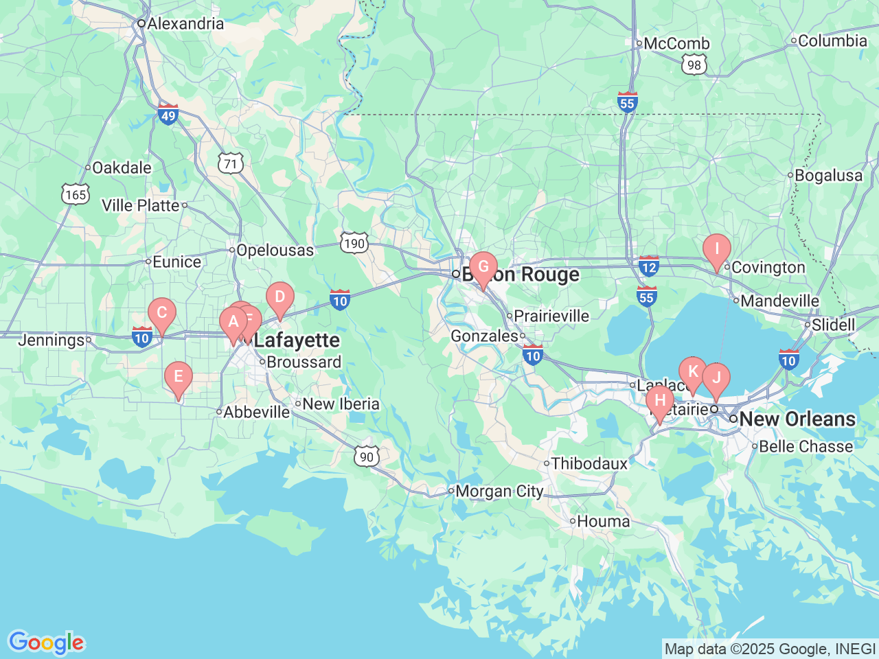 Map of Ochsner-affiliated facilities that provide services related to Nutrition
