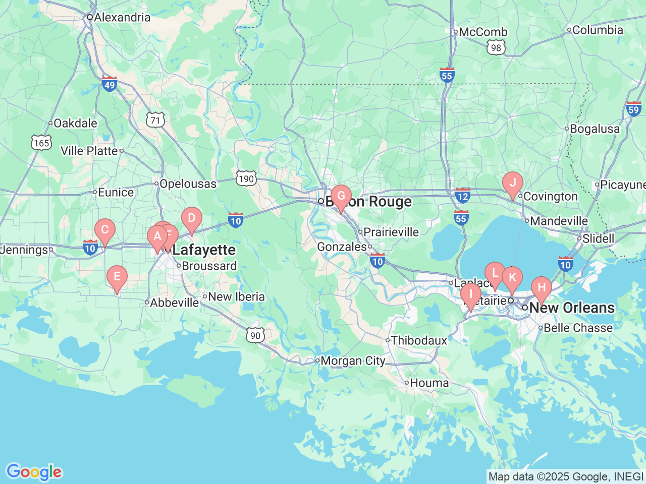 Map of Ochsner-affiliated facilities that provide services related to Nutrition