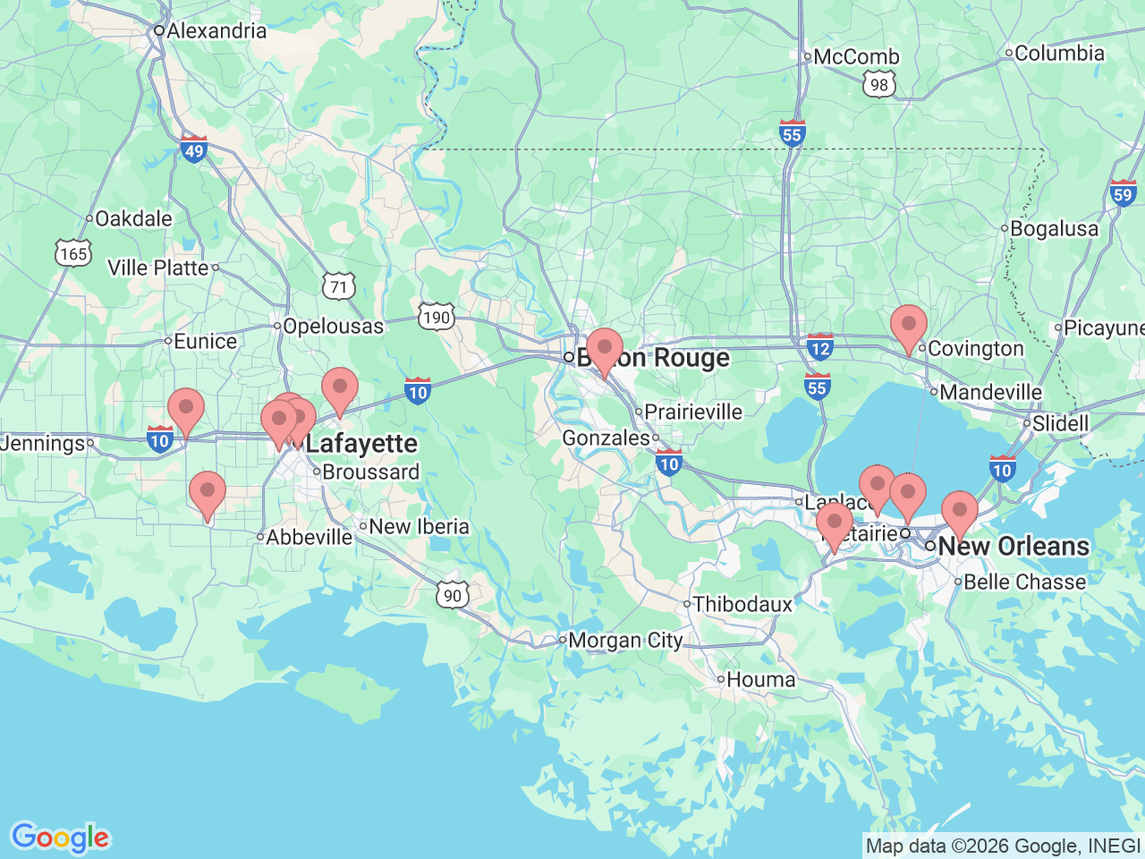 Map of Ochsner-affiliated facilities that provide services related to Nutrition