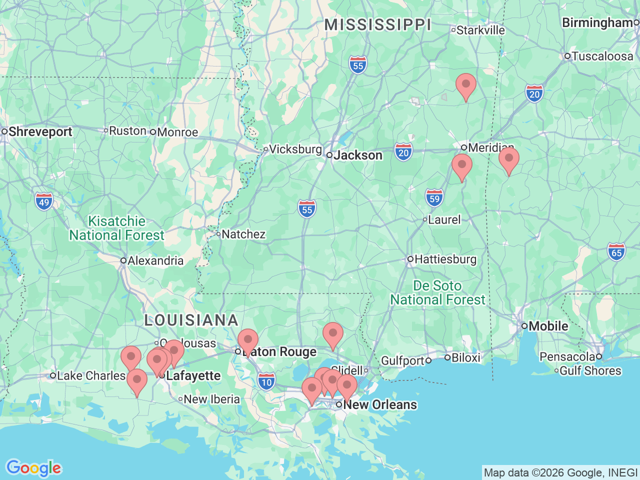 Map of Ochsner-affiliated facilities that provide services related to Nutrition