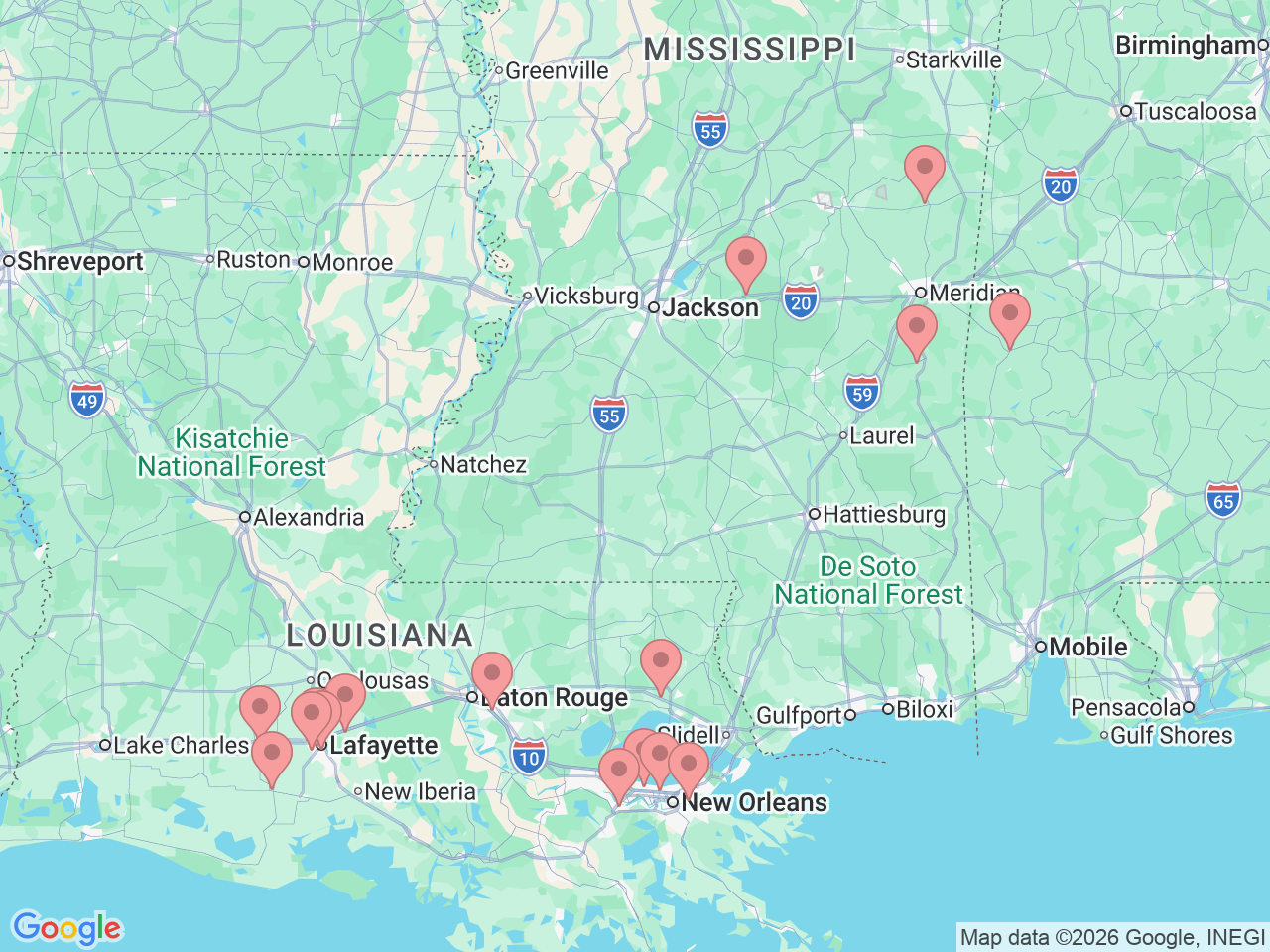 Map of Ochsner-affiliated facilities that provide services related to Nutrition