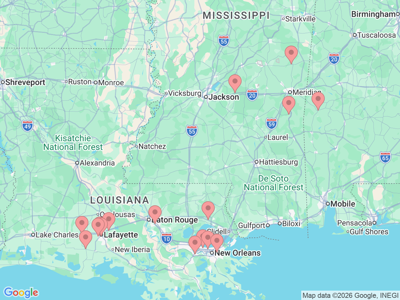 Map of Ochsner-affiliated facilities that provide services related to Nutrition