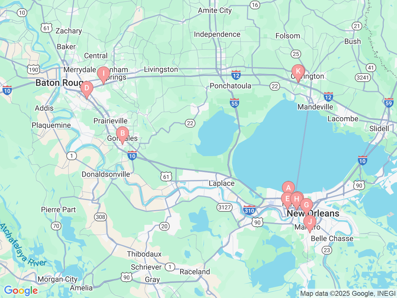 Map of Ochsner-affiliated facilities that provide services related to O Bar