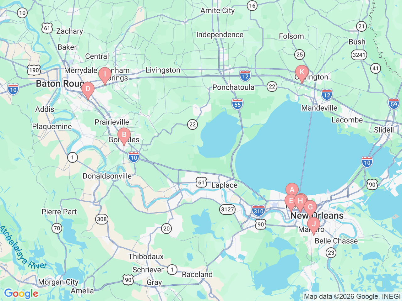 Map of Ochsner-affiliated facilities that provide services related to O Bar