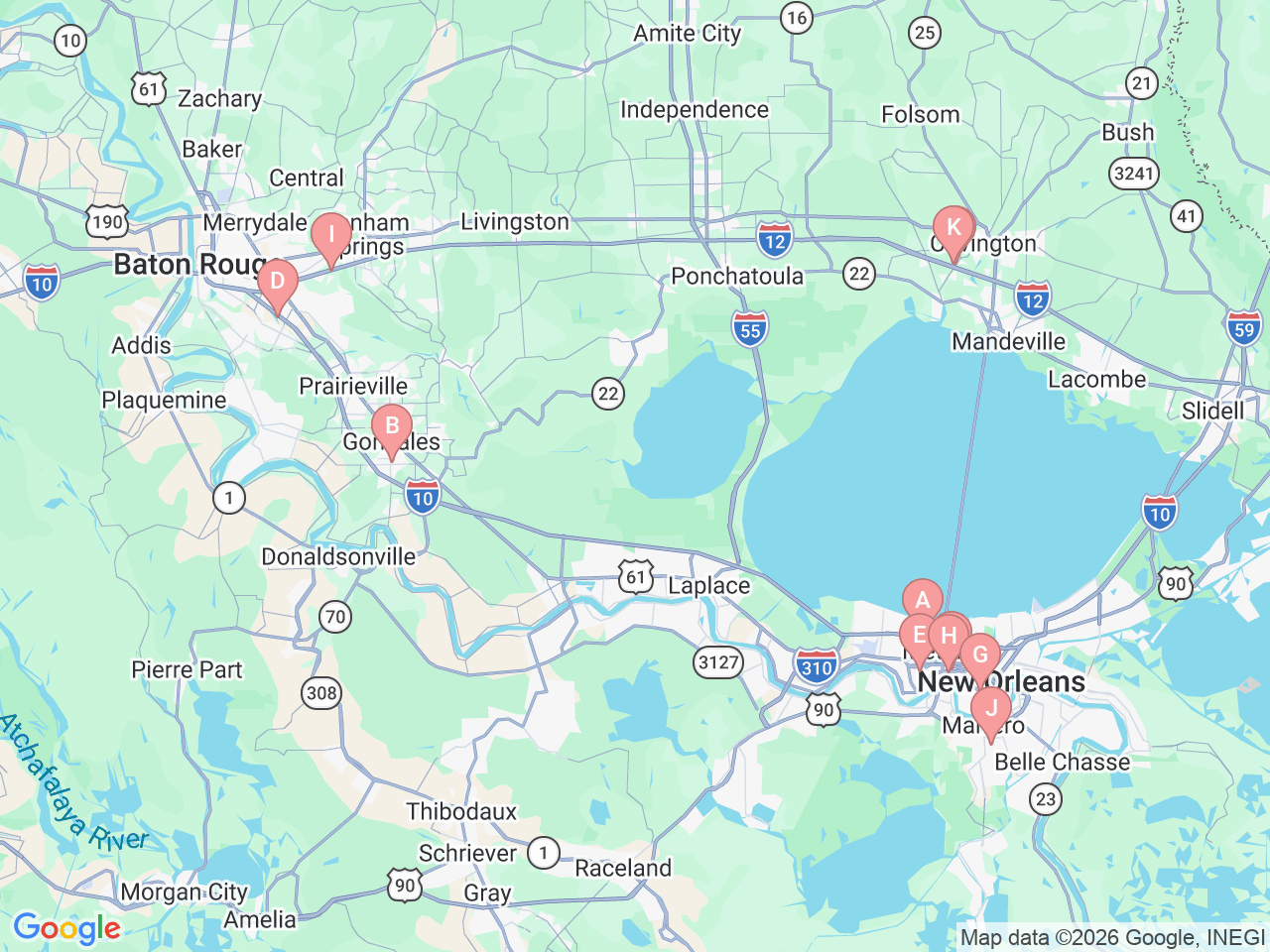 Map of Ochsner-affiliated facilities that provide services related to O Bar