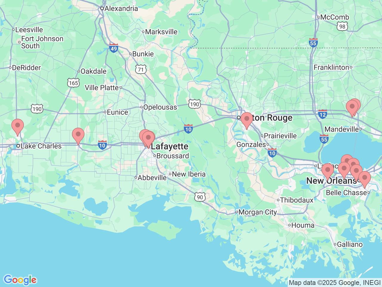Map of Ochsner-affiliated facilities that provide services related to Obstetrics