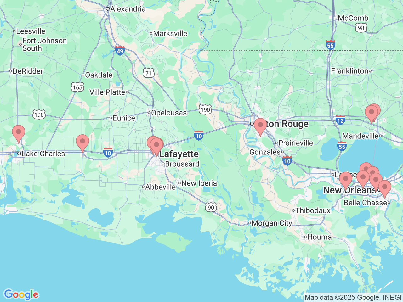 Map of Ochsner-affiliated facilities that provide services related to Obstetrics