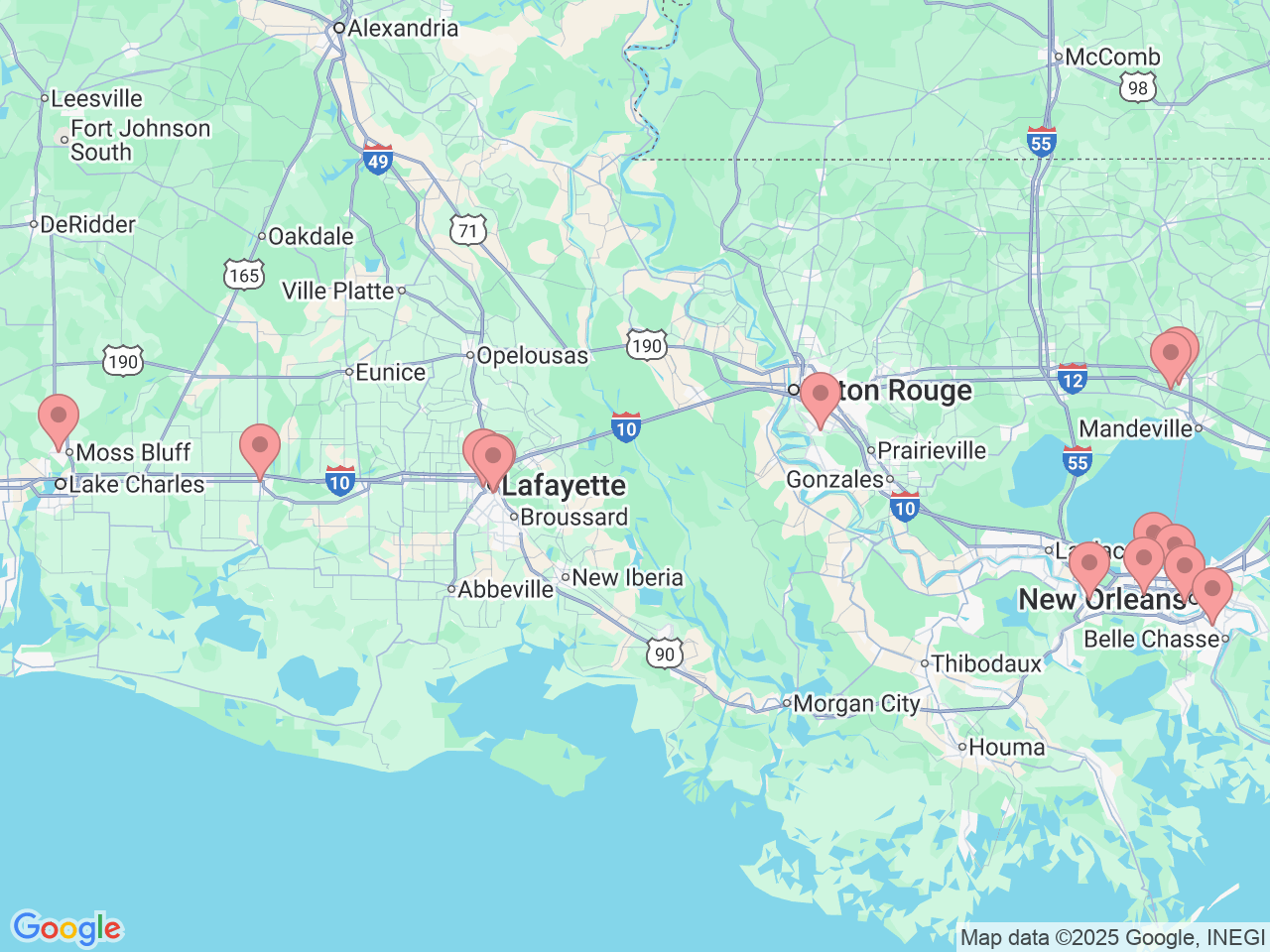 Map of Ochsner-affiliated facilities that provide services related to Obstetrics