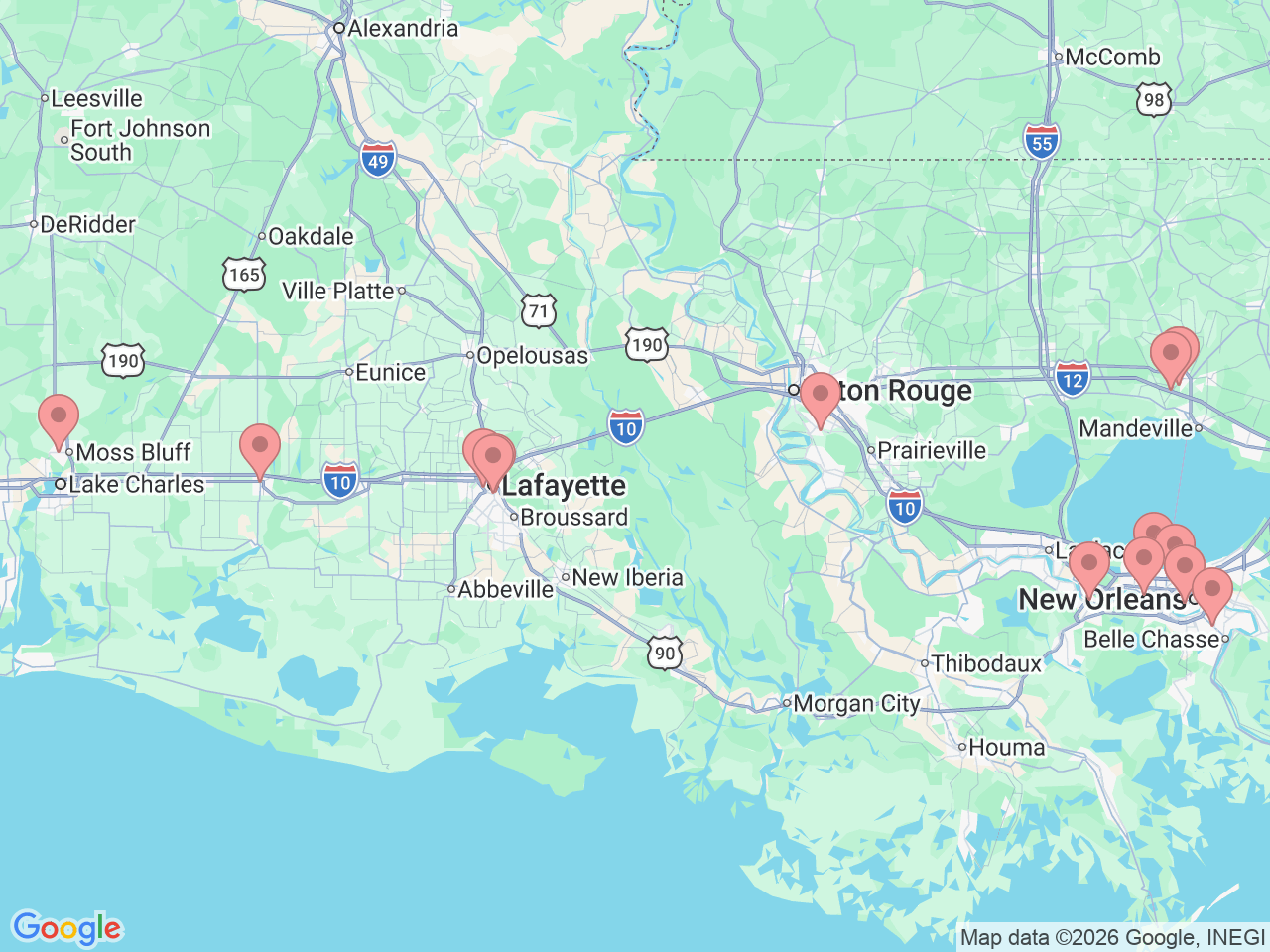 Map of Ochsner-affiliated facilities that provide services related to Obstetrics