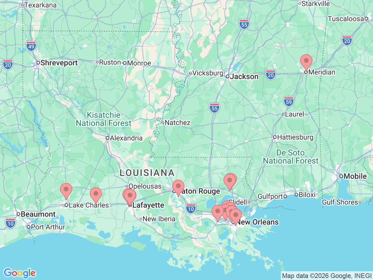 Map of Ochsner-affiliated facilities that provide services related to Obstetrics