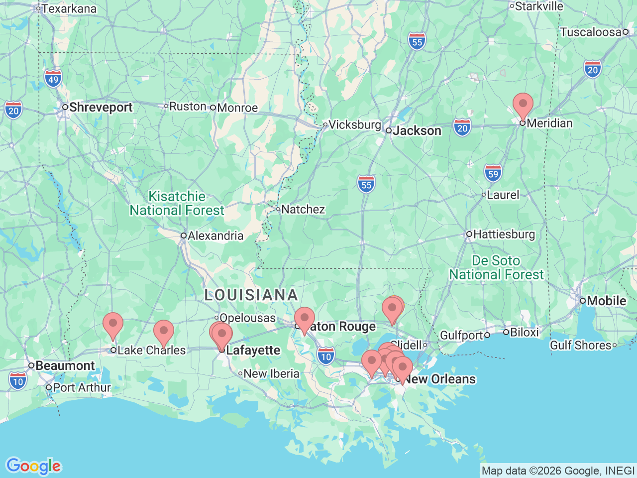 Map of Ochsner-affiliated facilities that provide services related to Obstetrics