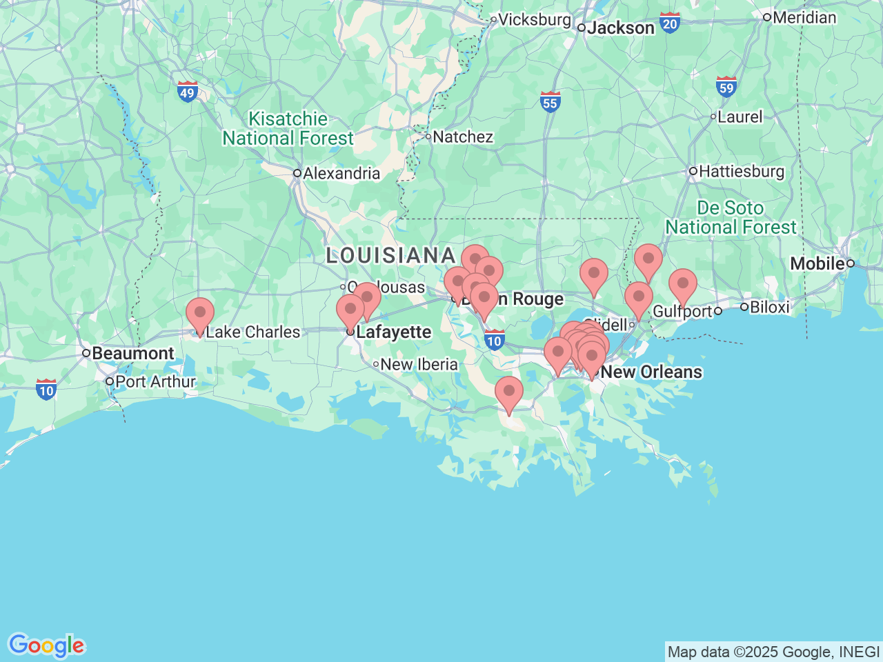 Map of Ochsner-affiliated facilities that provide services related to Occupational Health