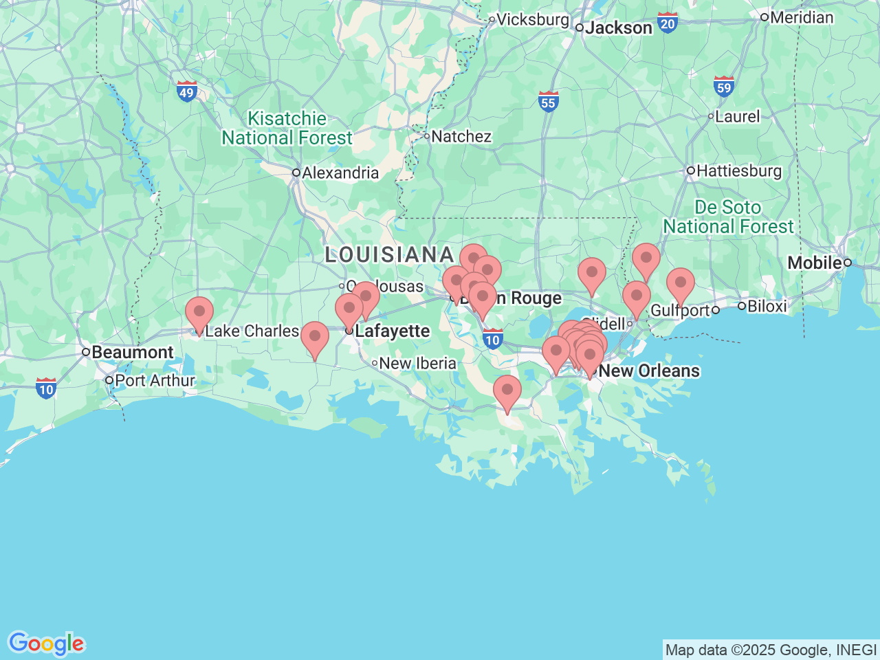 Map of Ochsner-affiliated facilities that provide services related to Occupational Health
