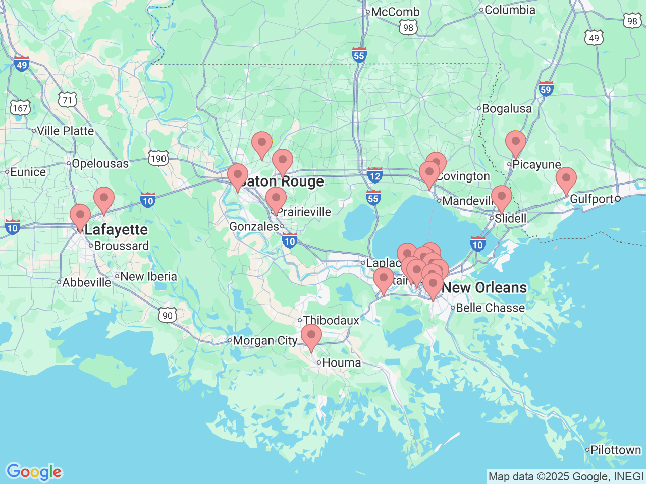 Map of Ochsner-affiliated facilities that provide services related to Occupational Health
