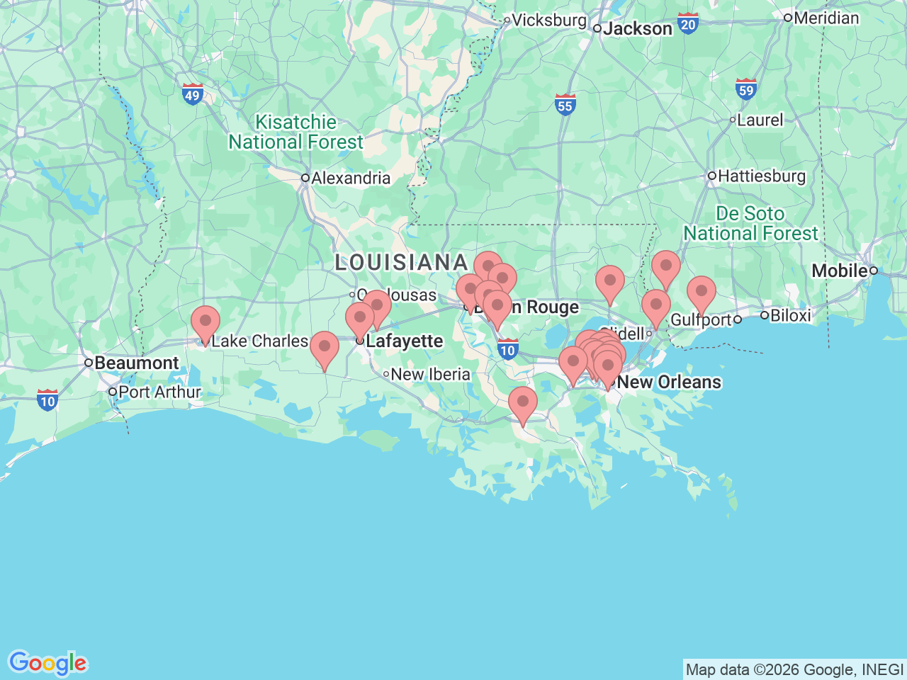 Map of Ochsner-affiliated facilities that provide services related to Occupational Health