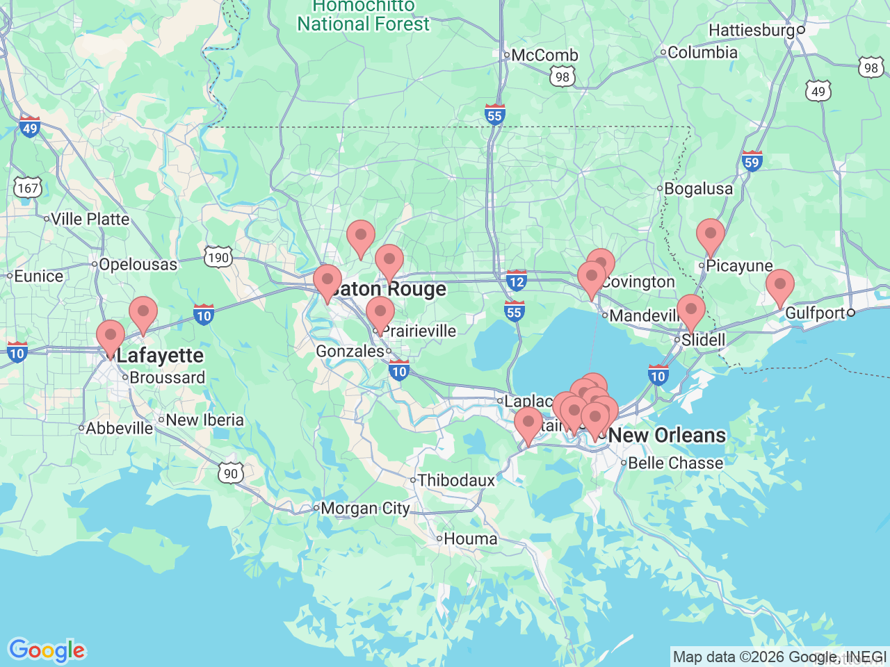 Map of Ochsner-affiliated facilities that provide services related to Occupational Health