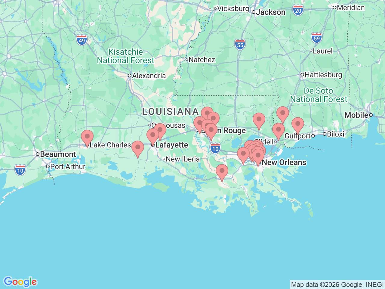 Map of Ochsner-affiliated facilities that provide services related to Occupational Health
