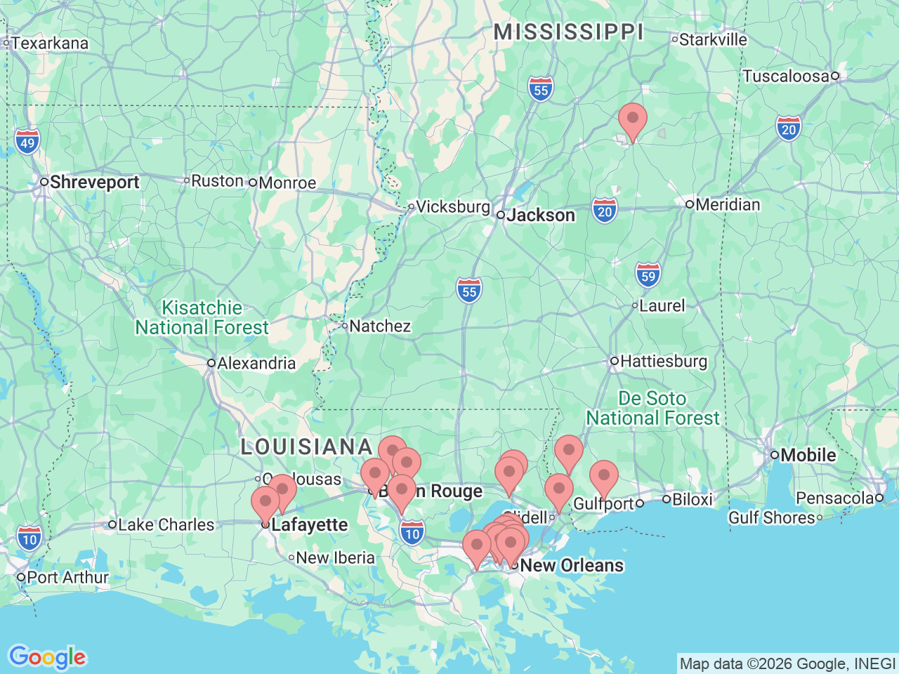 Map of Ochsner-affiliated facilities that provide services related to Occupational Health