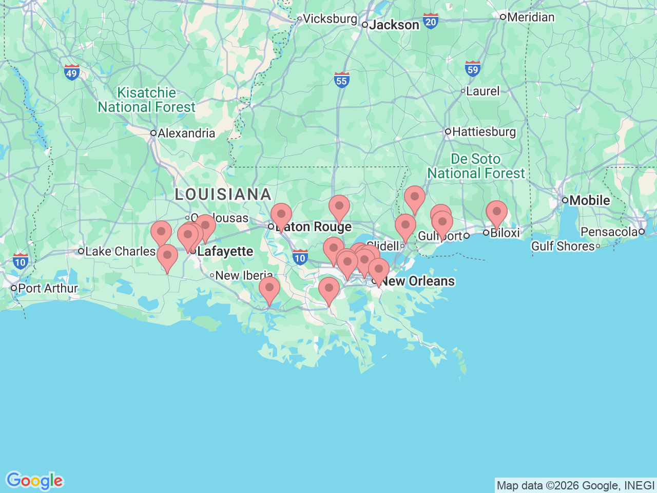 Map of Ochsner-affiliated facilities that provide services related to Occupational Therapy