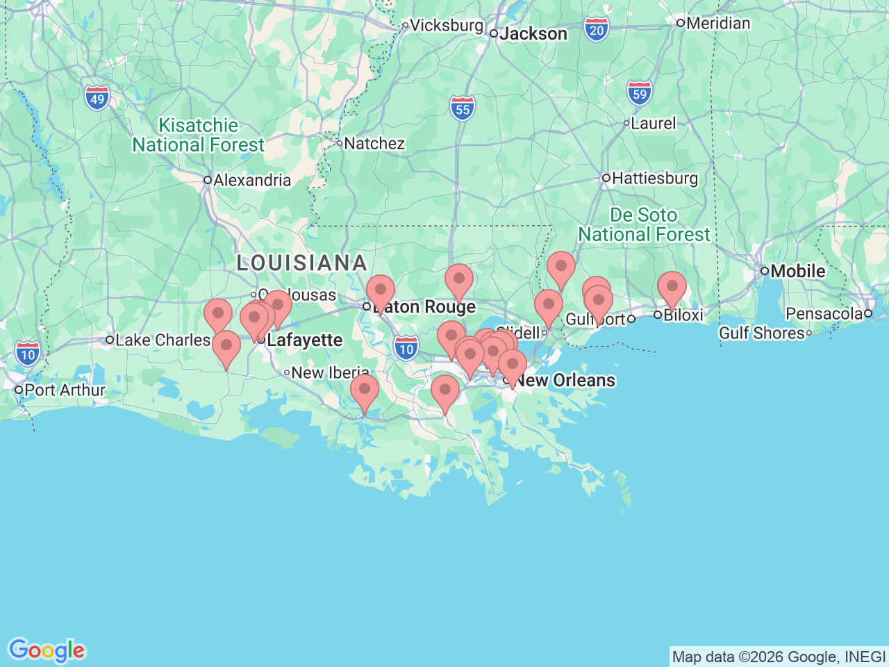 Map of Ochsner-affiliated facilities that provide services related to Occupational Therapy