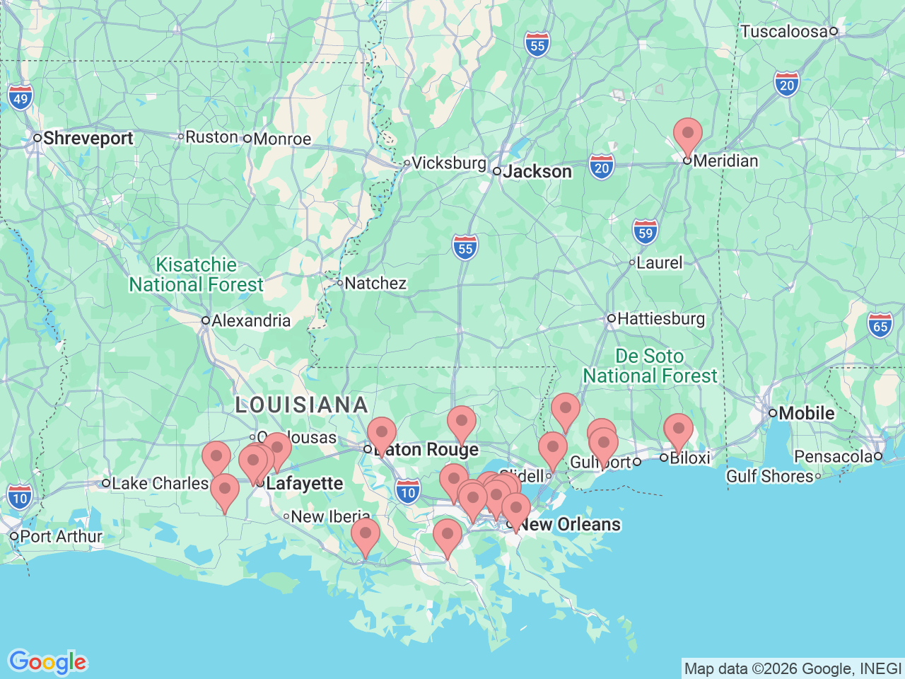 Map of Ochsner-affiliated facilities that provide services related to Occupational Therapy