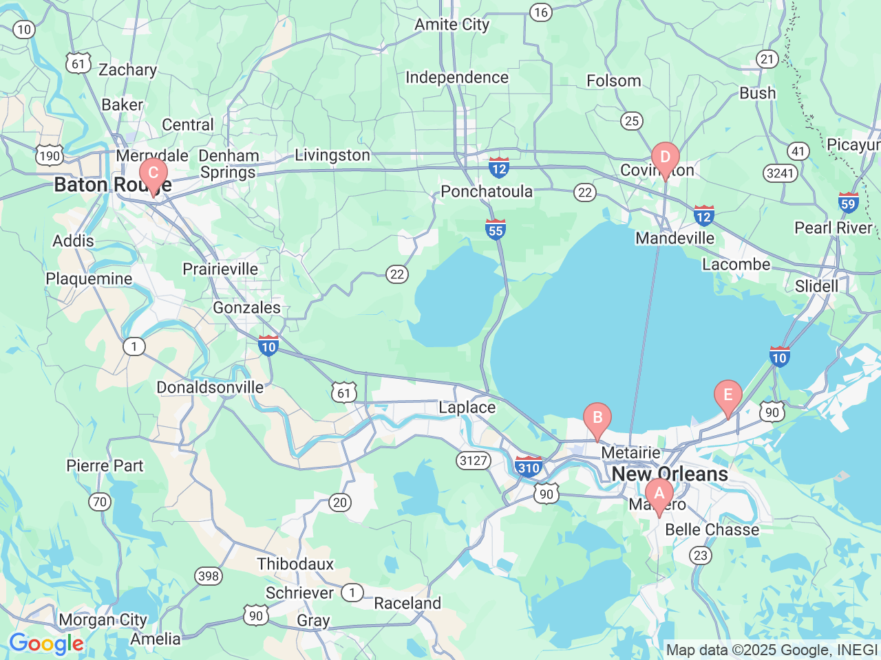 Map of Ochsner-affiliated facilities that provide services related to Ochsner 65 Plus