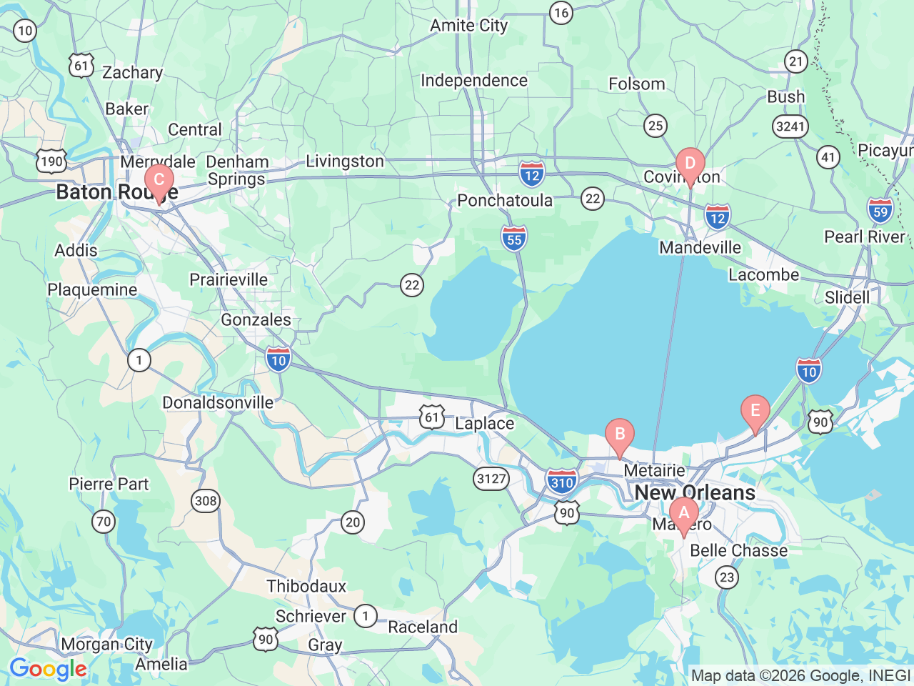 Map of Ochsner-affiliated facilities that provide services related to Ochsner 65 Plus