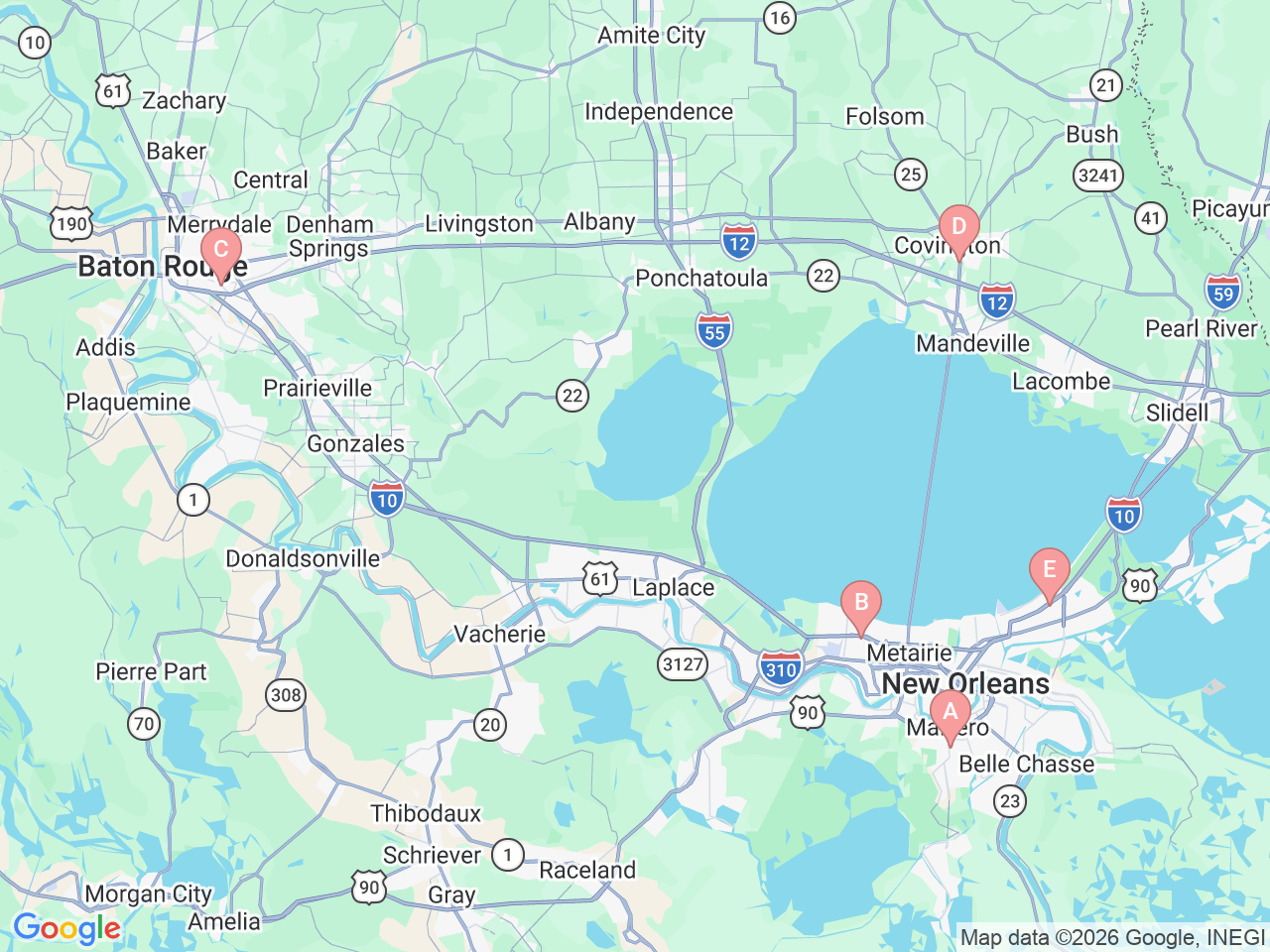 Map of Ochsner-affiliated facilities that provide services related to Ochsner 65 Plus