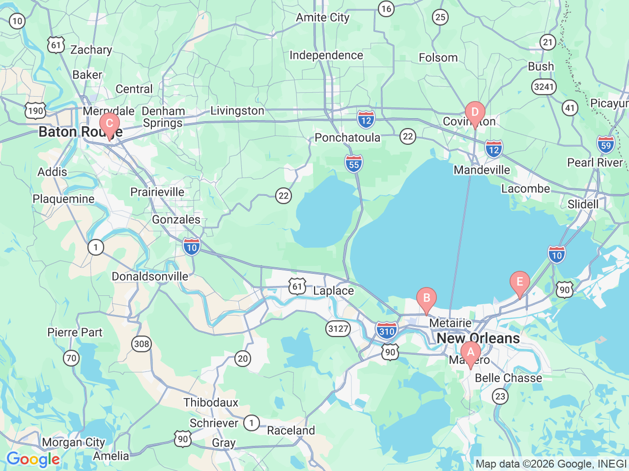 Map of Ochsner-affiliated facilities that provide services related to Ochsner 65 Plus