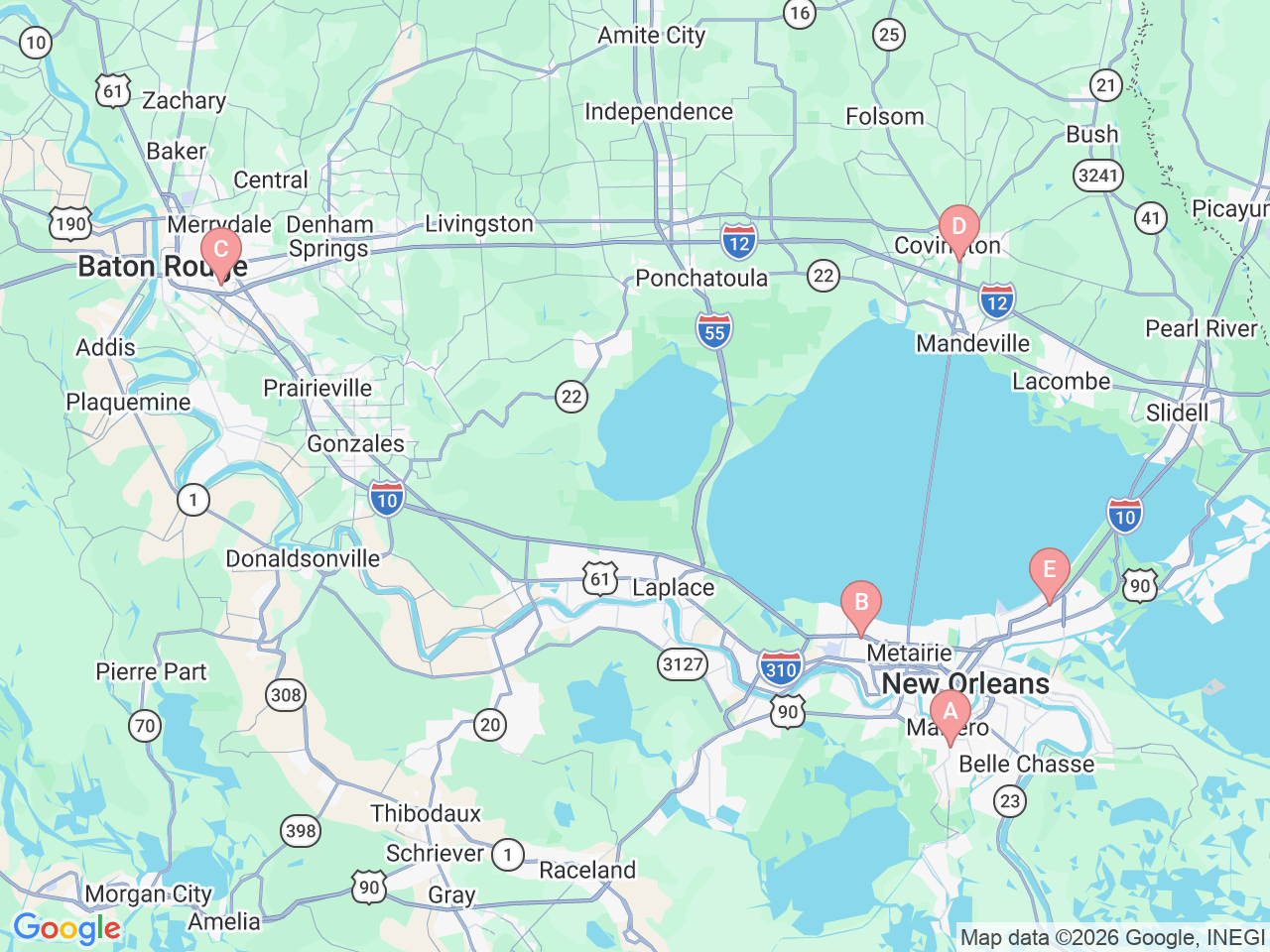 Map of Ochsner-affiliated facilities that provide services related to Ochsner 65 Plus